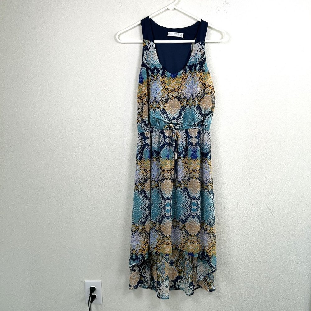 Bisou Bisou Dress Size 4 Blue Yellow Abstract Hi Low Sleeveless Elastic Waist